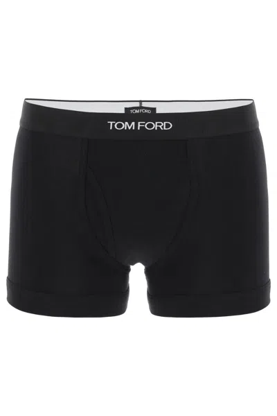 Tom Ford Logo Print Cotton Trunks In Black