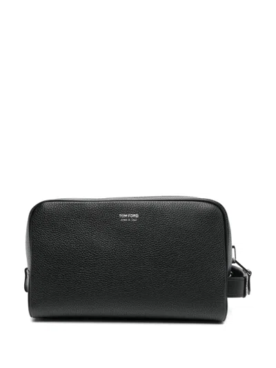 Tom Ford Logo-print Leather Wash Bag In Black