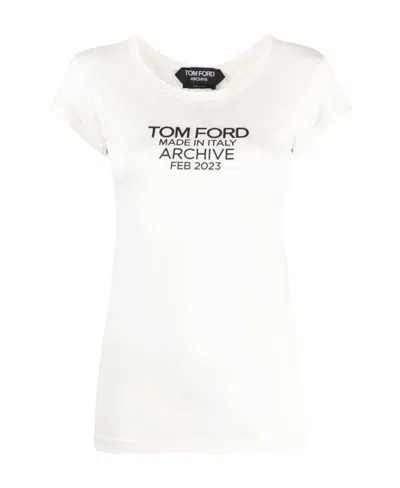 Tom Ford Silk T-shirt With Cap Sleeves And Printed Design In Beige