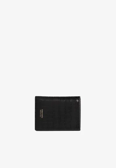 Tom Ford Logo Print Wallet In Croc-embossed Leather In Black