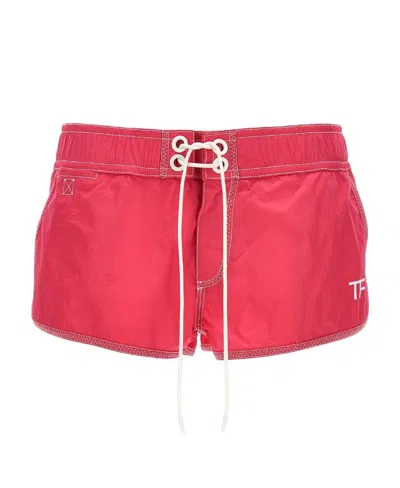 Tom Ford Logo Printed Drawstring Shorts In Red