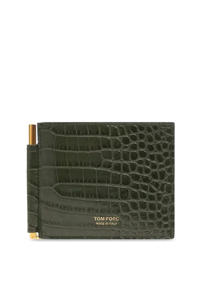 Tom Ford Printed Croc T Line Clip Wallet In Green