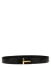 Tom Ford Black Calfskin Leather Belt With Gold T Buckle In Black