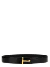 Tom Ford Black Calfskin Leather Belt With Gold T Buckle In Black
