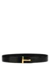 Tom Ford Black Calfskin Leather Belt With Gold T Buckle In Black