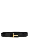 Tom Ford Black Calfskin Leather Belt With Gold T Buckle In Black