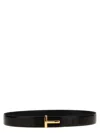 Tom Ford Black Calfskin Leather Belt With Gold T Buckle In Black