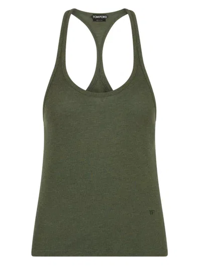 Tom Ford Logo Silk-cupro Blouse In Green