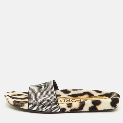 Pre-owned Tom Ford Logo Size 38.5 Black Suede Crystal Embellished Flat Slide Sandals