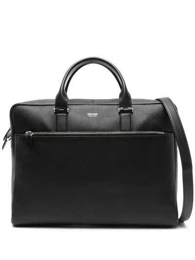 Tom Ford Logo-stamp Leather Briefcase In Black