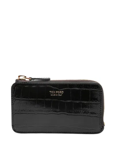 Tom Ford Logo-stamp Leather Card Holder In 1b096 - Ebony Brown