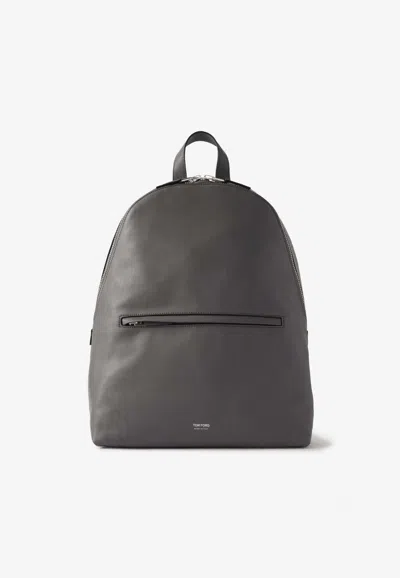 Tom Ford Logo Stamped Leather Zipped Backpack In Black
