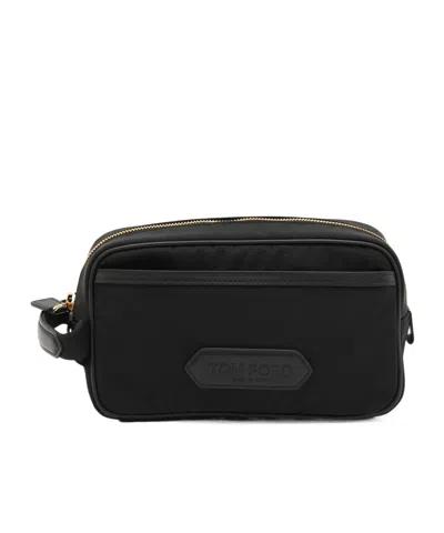 Tom Ford Logo Stapm Zip-up Clutch Bag In Black