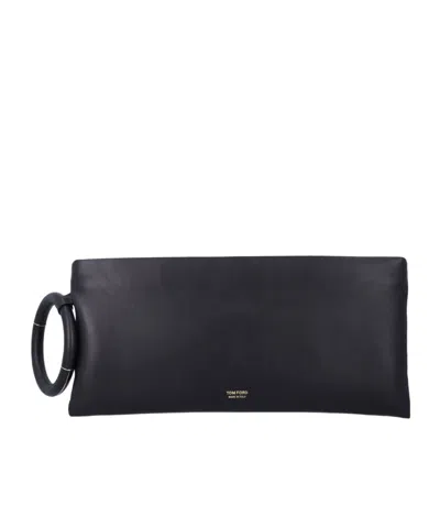 Tom Ford Aura Leather Clutch Bag With Lettering Logo On The Front In Black