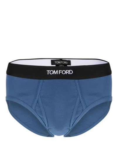 Tom Ford Logo-waist Cotton Briefs In Blue