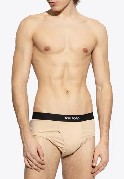Tom Ford Logo-waistband Briefs In Beige