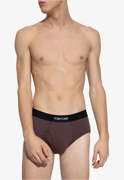Tom Ford Logo Waistband Briefs In Brown