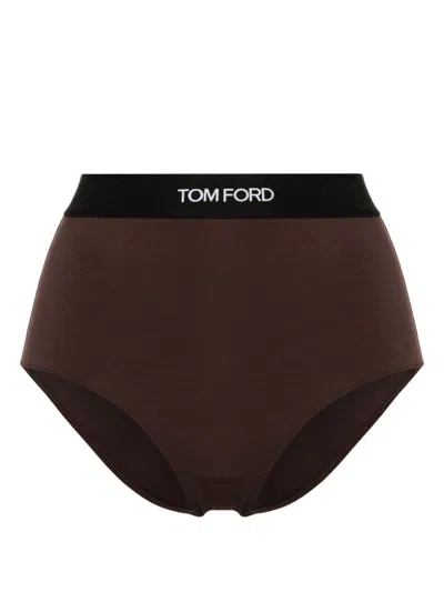 Tom Ford Logo-waistband Briefs In Brown