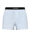 Tom Ford Velvet-trimmed Stretch-silk Satin Boxer Shorts In Blue