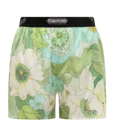 Tom Ford Logo-waistband Floral-print Shorts In Green