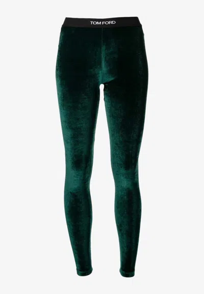 Tom Ford Logo Waistband Leggings In Velvet In Green
