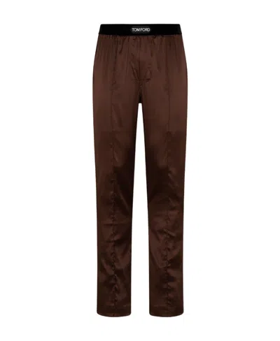 Tom Ford Logo Silk Satin Pajama Pants In Brown