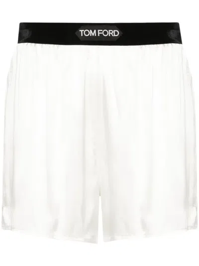 Tom Ford Logo Silk Satin Mini Shorts In Ecru