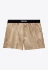 Tom Ford Velvet-trimmed Stretch-silk Satin Boxer Shorts In Beige