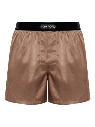 Tom Ford Logo-waistband Silk Boxers In Brown