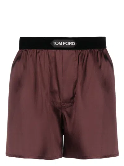 Tom Ford Logo-waistband Silk Boxers In Brown