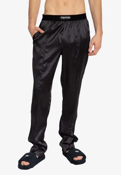 Tom Ford Logo Waistband Silk Pajama Pants In Black
