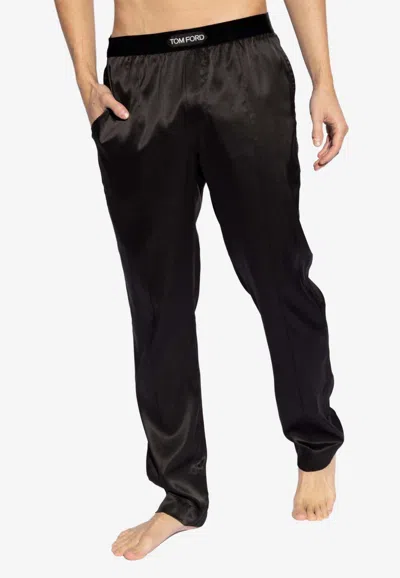 Tom Ford Logo Waistband Silk Pajama Pants In Brown
