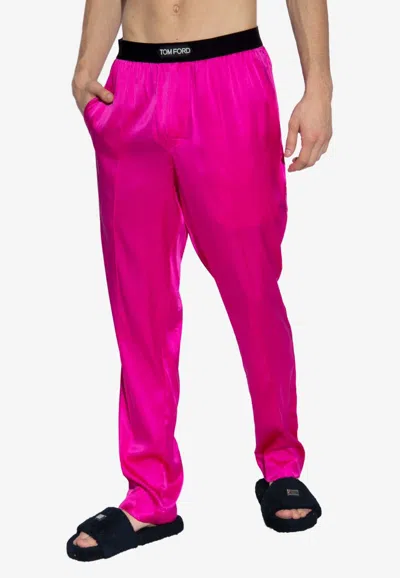 Tom Ford Logo Waistband Silk Pajama Pants In Pink
