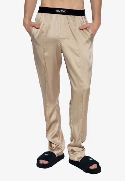Tom Ford Logo Waistband Silk Pajama Pants In Brown