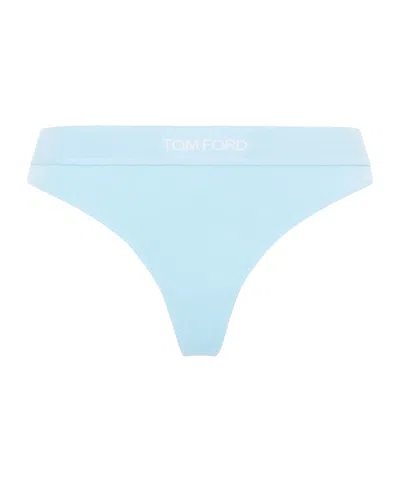 Tom Ford Logo Waistband Thong Briefs In Blue