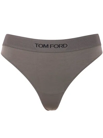 Tom Ford Logo Waistband Thong Briefs In Green