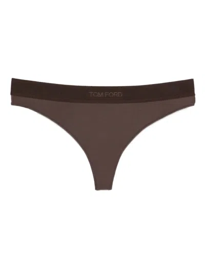 Tom Ford Logo-waistband Thong In Brown