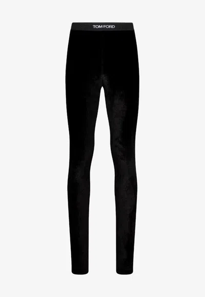 TOM FORD LOGO-WAISTBAND VELVET LEGGINGS