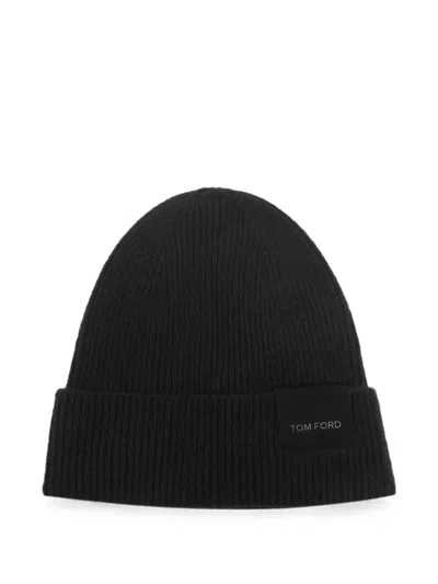 Tom Ford Logo-patch Ribbed-knit Beanie Hat In Black