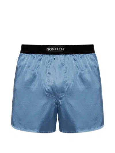 Tom Ford Logo-patch Silk Boxer Shorts In Blue