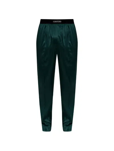 Tom Ford Logo-patch Silk-blend Loungewear Trousers In Green