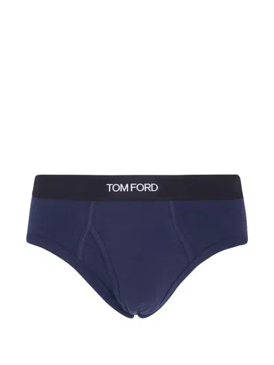 Tom Ford Logo-waistband Cotton Briefs In Blue