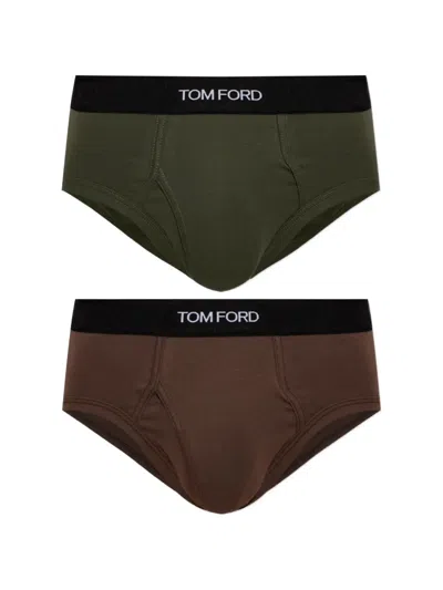 Tom Ford Logo-waistband Cotton-blend Briefs (set Of Two) In Green