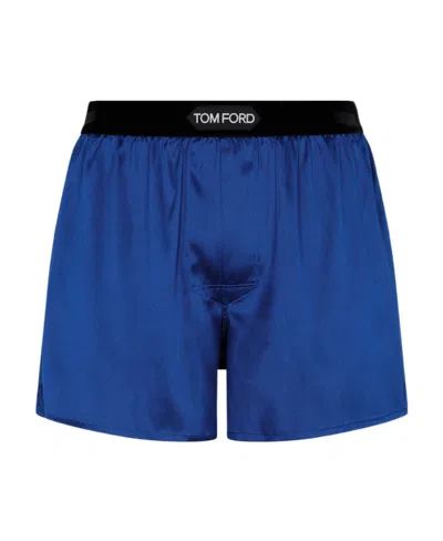 Tom Ford Logo-waistband Silk Boxers In Blue