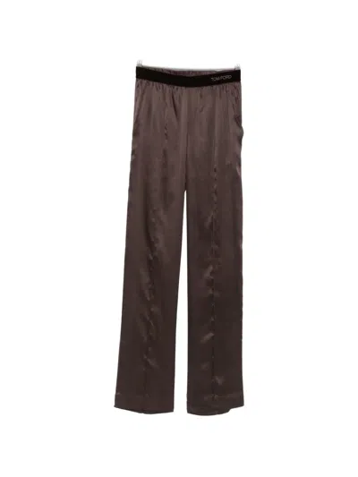 Tom Ford Velvet-trimmed Silk-satin Straight-leg Pants In Brown