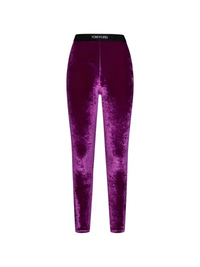 Tom Ford Logo-waistband Velvet-effect Leggings In Purple