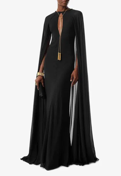 Tom Ford Long Cape Sleeved Maxi Dress In Black