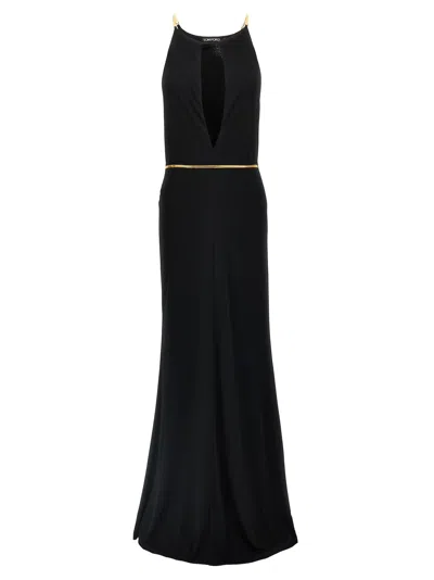 Tom Ford Chain Cutout Sable Jersey Halter Evening Dress In Black