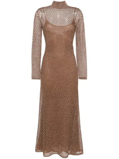 Tom Ford Long Sleeve Metallic Lace Turtleneck Maxi Dress In Brown