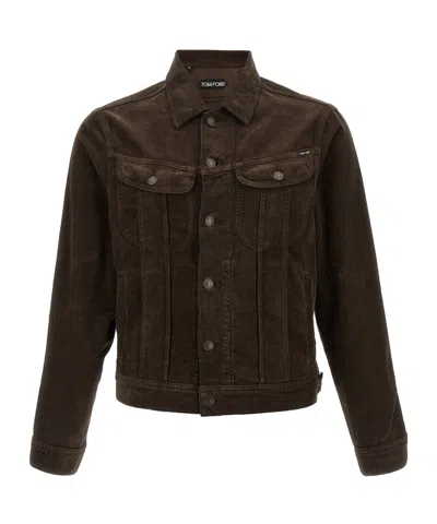 Tom Ford Long Sleeve Denim Jacket In Brown
